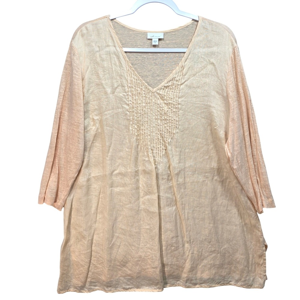 J Jill Love Linen Top Blouse Womens XL Peach Vneck Pintuck 3 Qtr Sleeve Peach